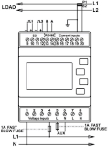 Рис.1. Схема счетчика LE-03MQ CT 230 V AC 1-фазная 2-проводная сеть